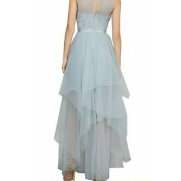 BCBGMAXAZRIA Sleeveless Embroidered Tulle Evening Gown Maxi Dress Light Blue - Picture 3 of 8